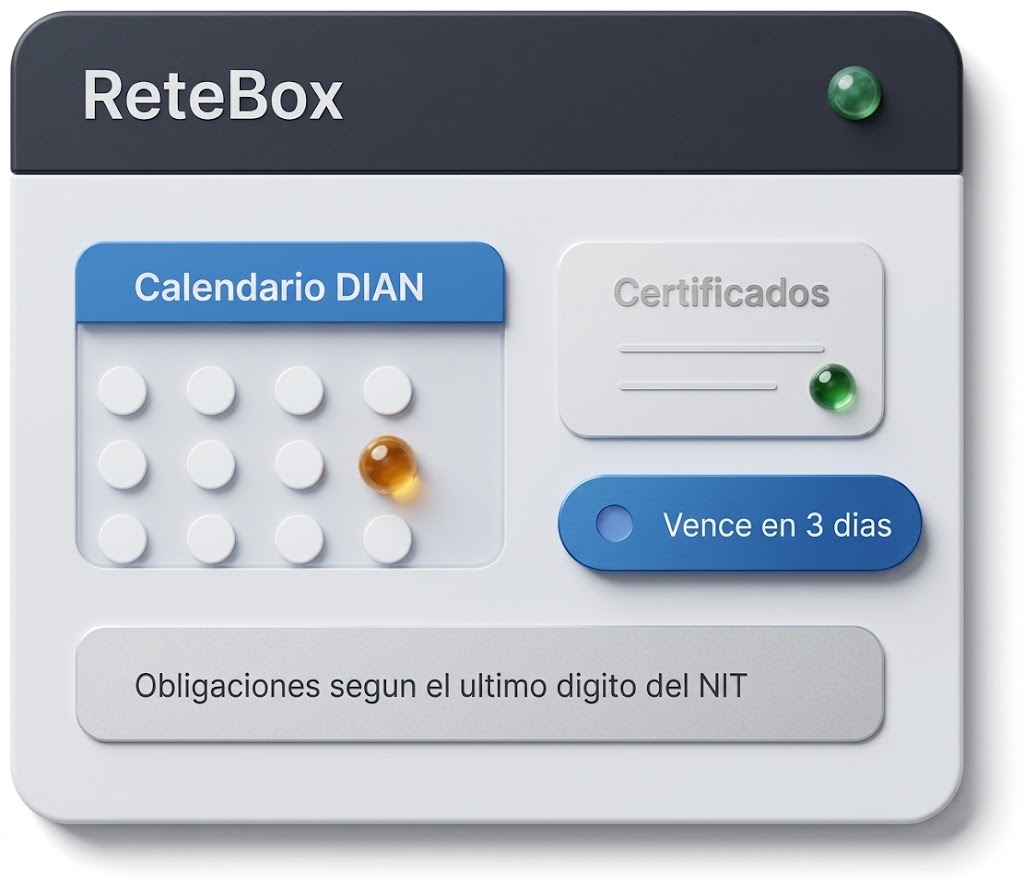 Dashboard limpio de ReteBox mostrando calendario DIAN, vencimientos, alertas y certificados